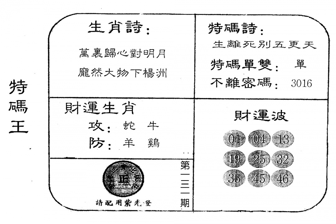 六合彩131期老版特码王(黑白)