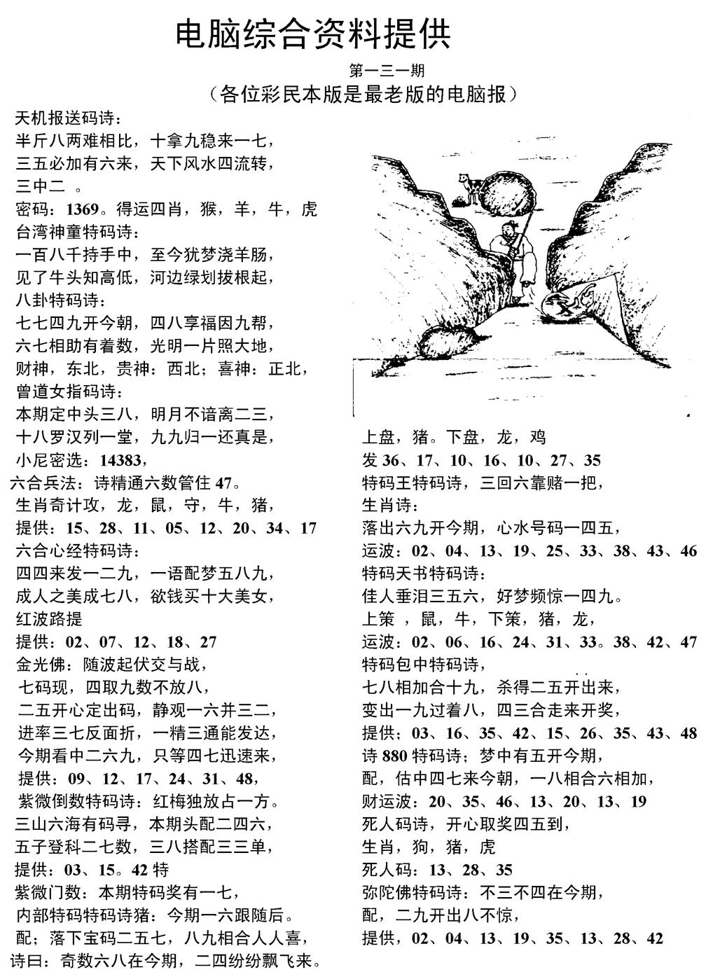 六合彩131期当日电脑综合资料C(黑白)