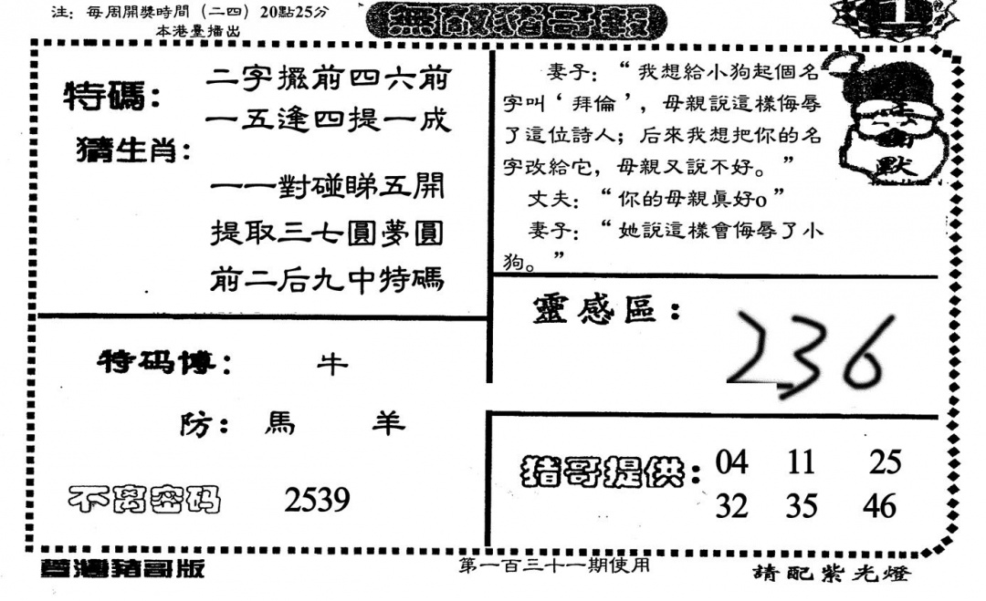 六合彩131期老版无敌猪哥(黑白)
