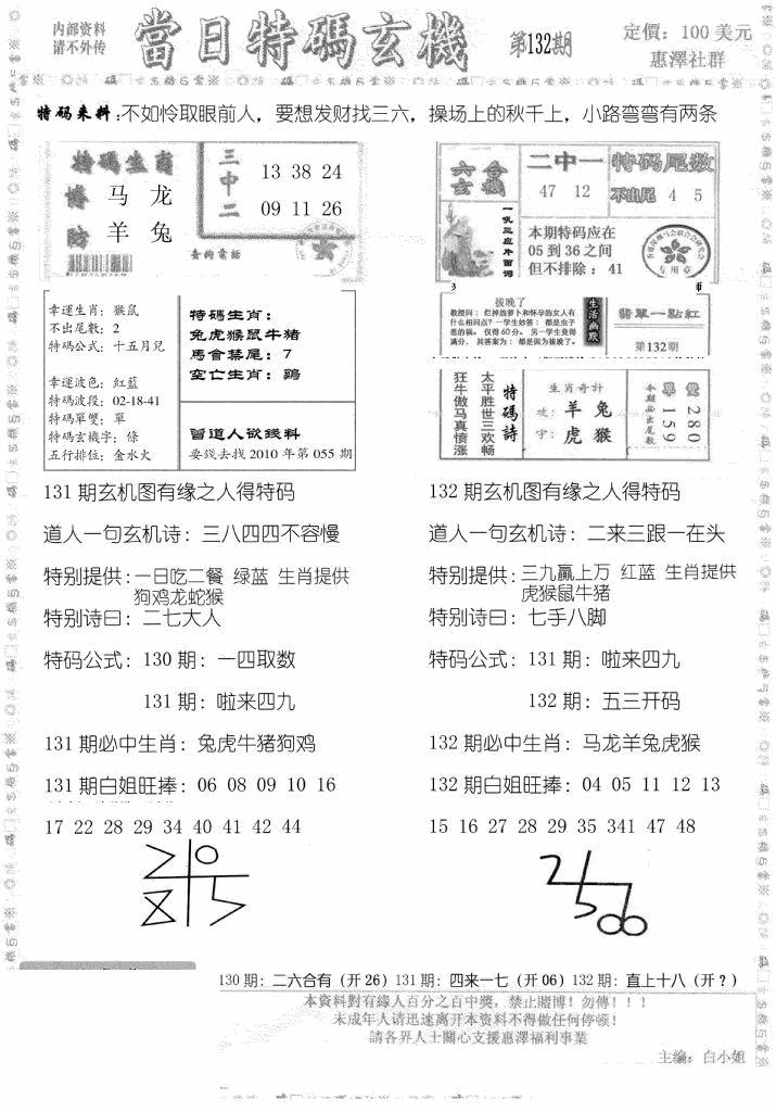 六合彩132期当日特码玄机B(黑白)