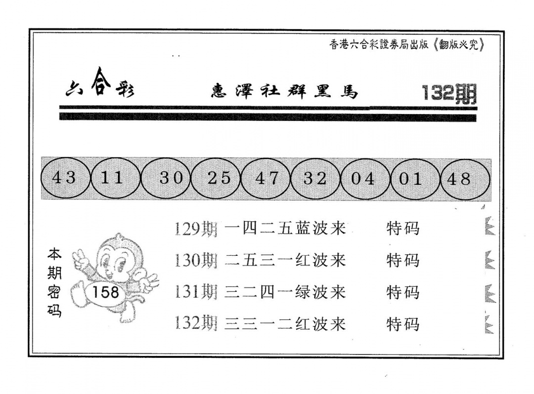 六合彩132期黑马(黑白)