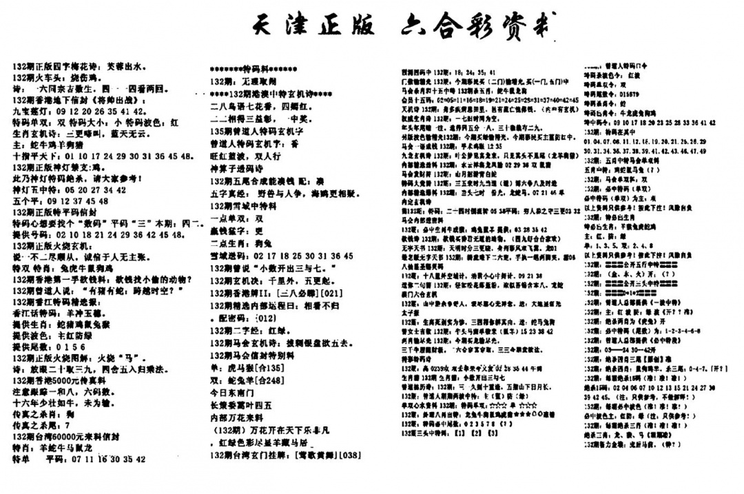 六合彩132期天津正版六合彩资料(黑白)