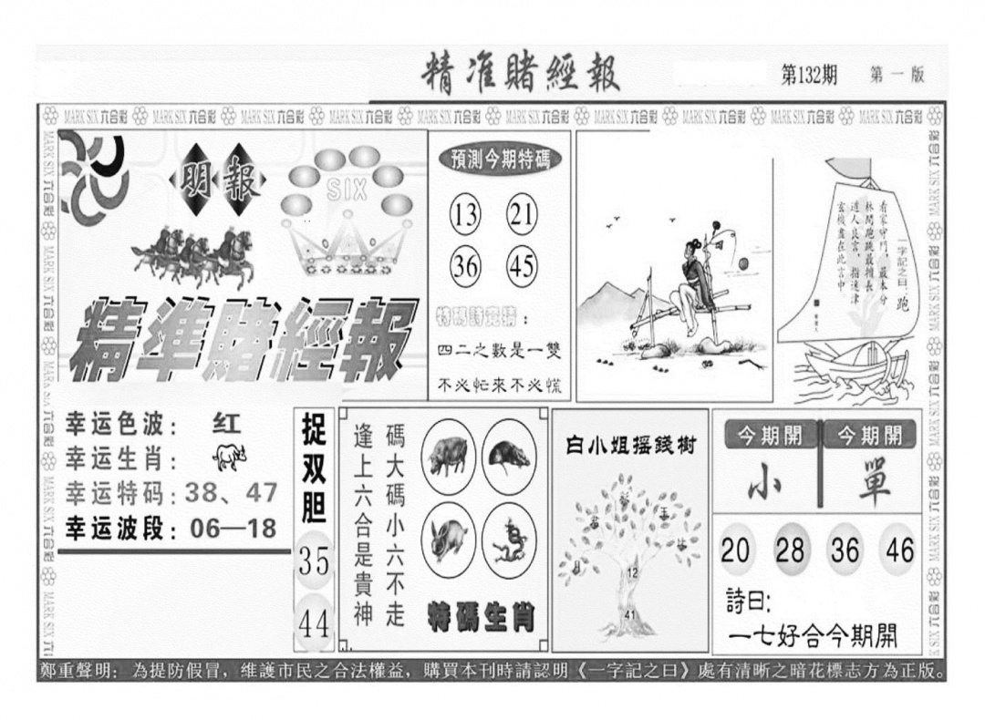 六合彩132期精准赌经报A（新图）(黑白)