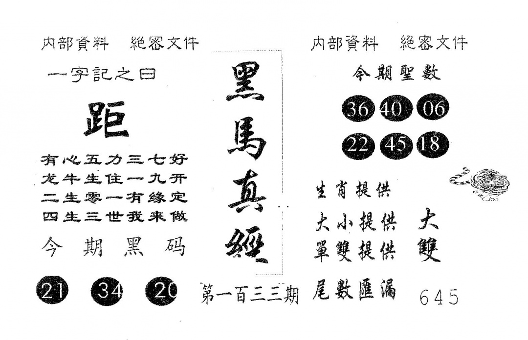 六合彩133期黑马真经(黑白)