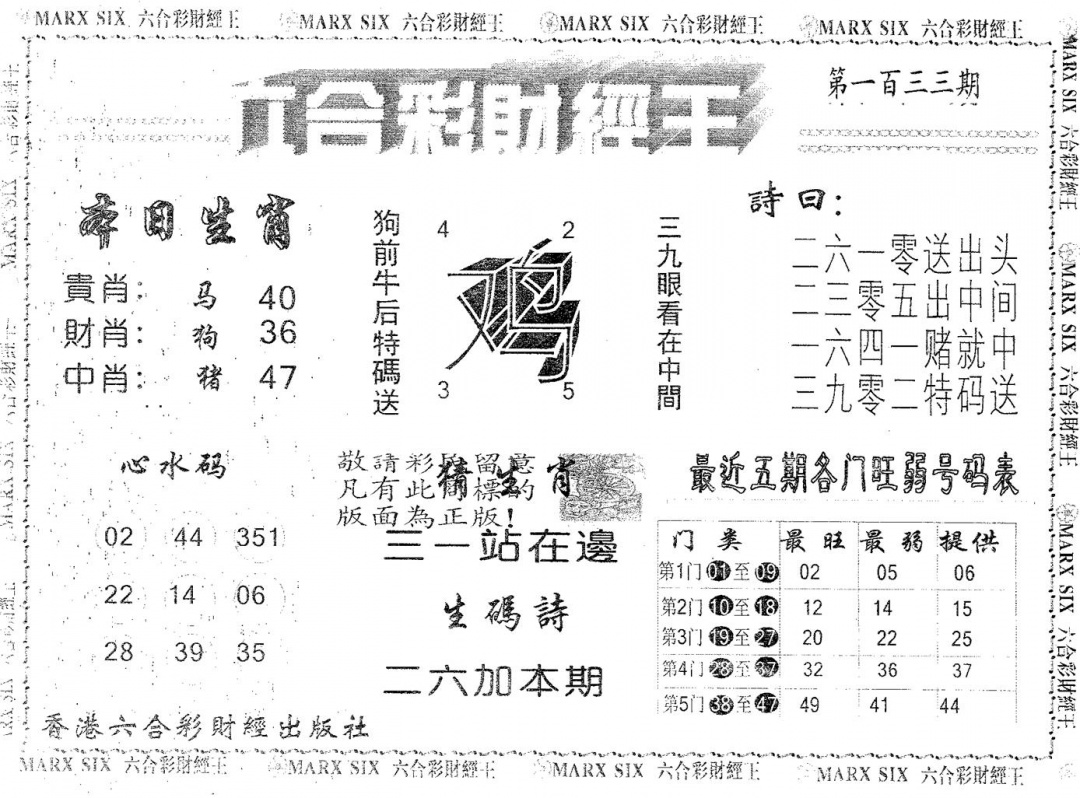 六合彩133期六合财经王(黑白)