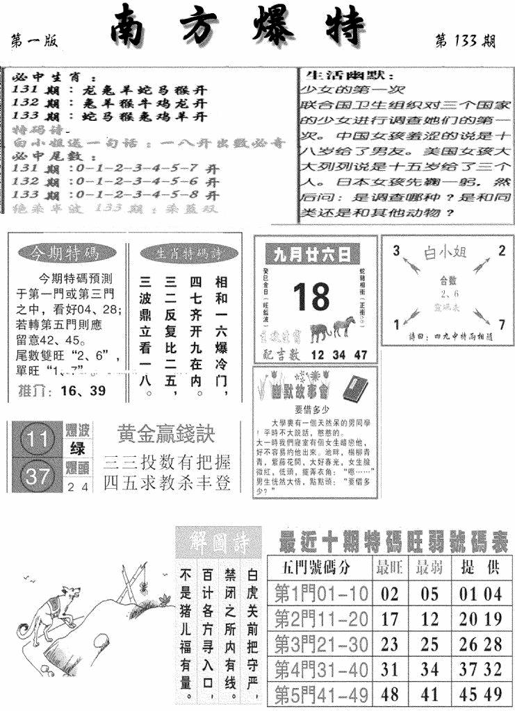 六合彩133期南方爆特A(新图)(黑白)