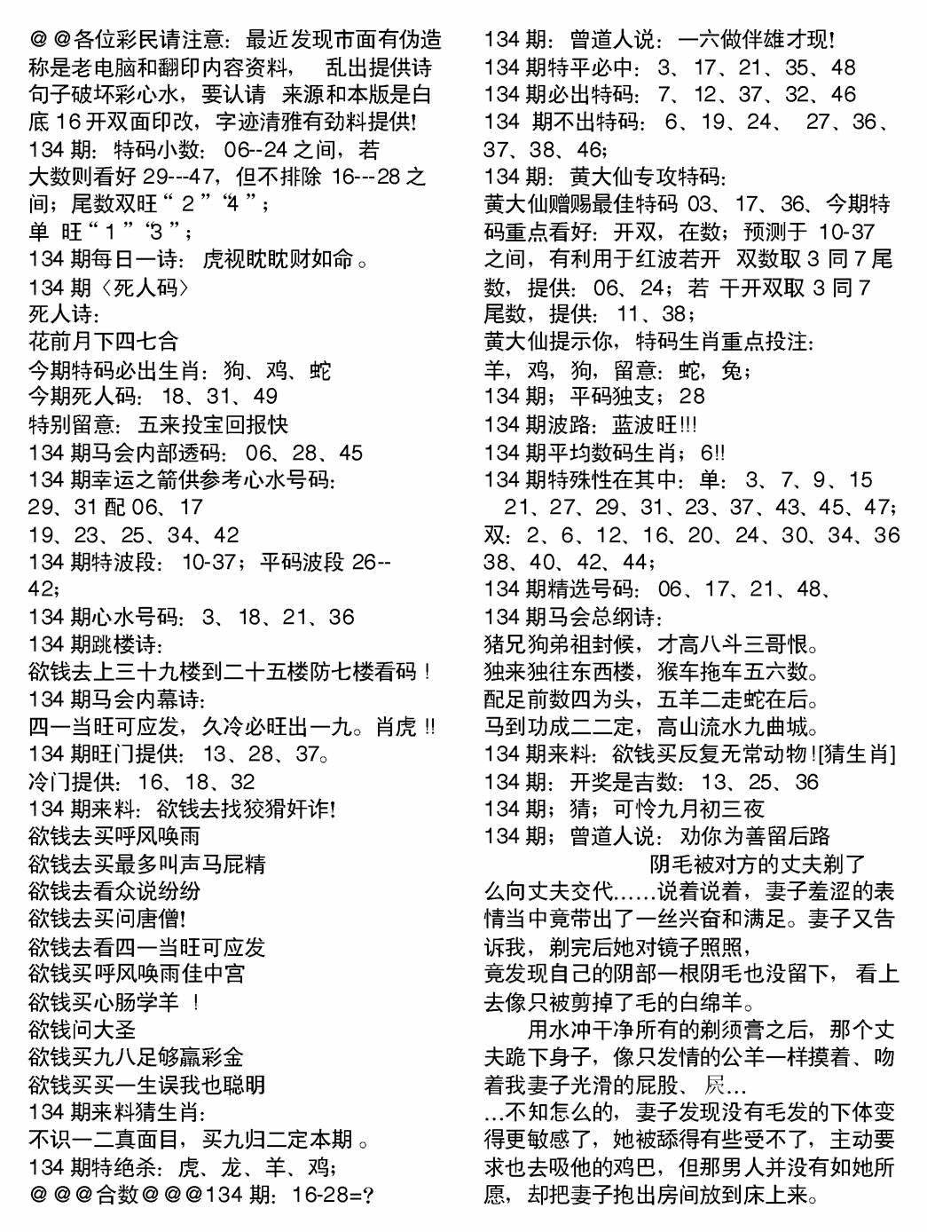 六合彩134期当日电脑综合资料B(黑白)