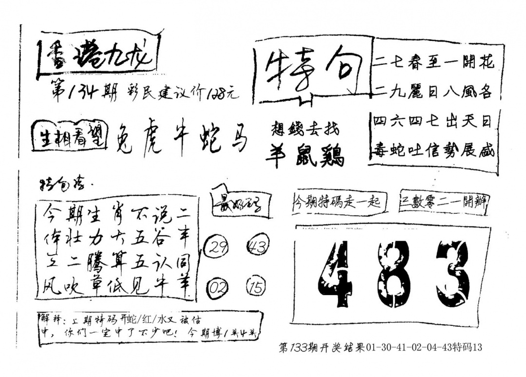六合彩134期香港九龙(新图)手写(黑白)