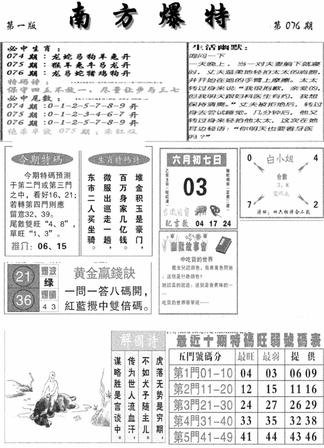 六合彩076期南方爆特A(新图)(黑白)