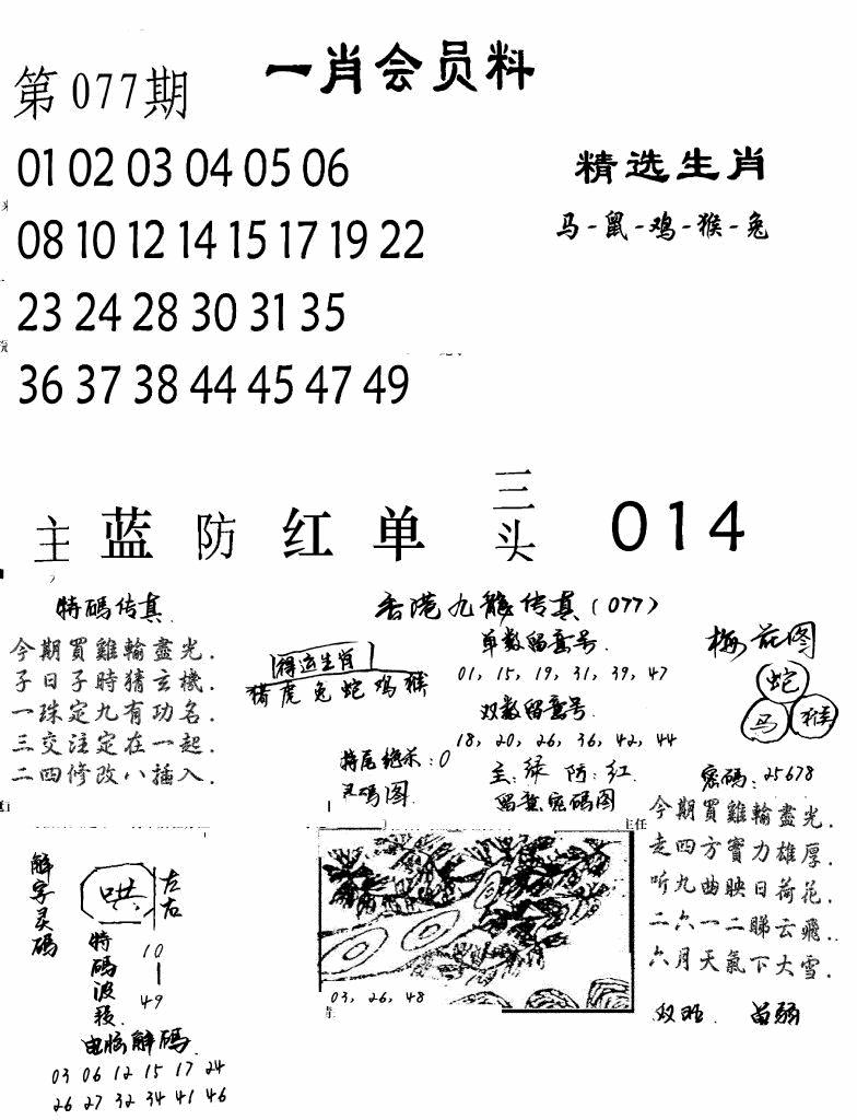 六合彩077期一肖会员料(黑白)