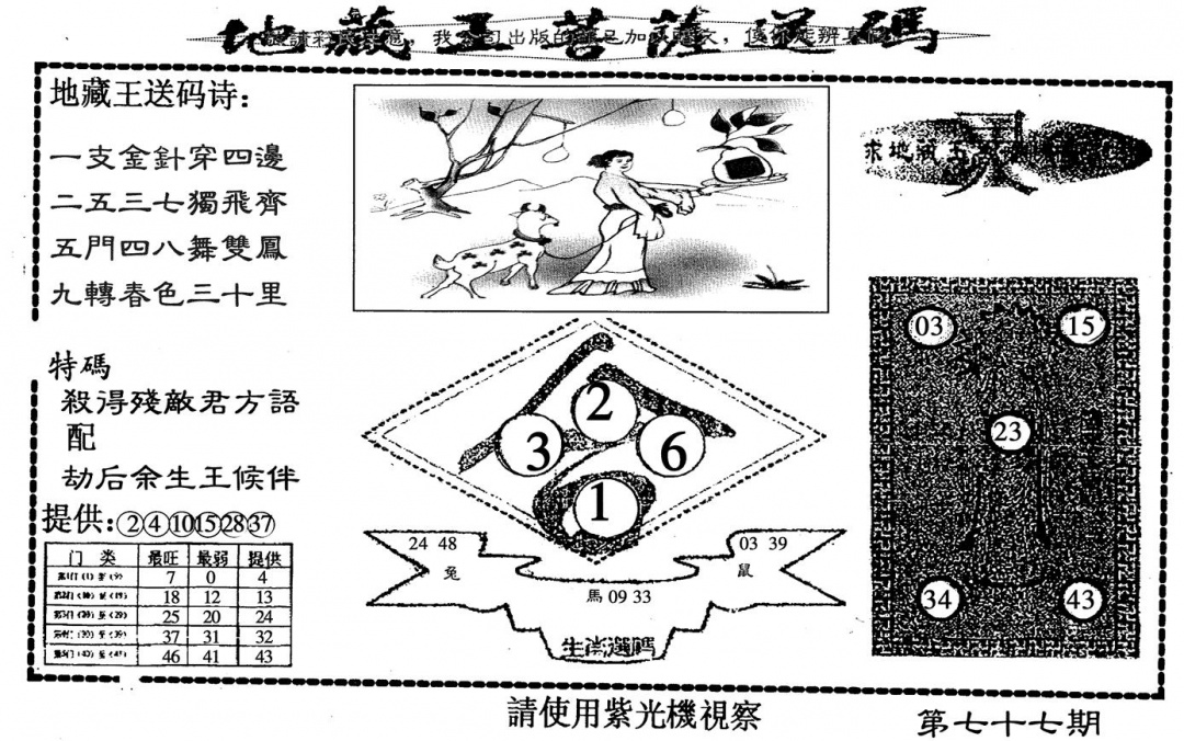 六合彩077期地藏王送码(黑白)