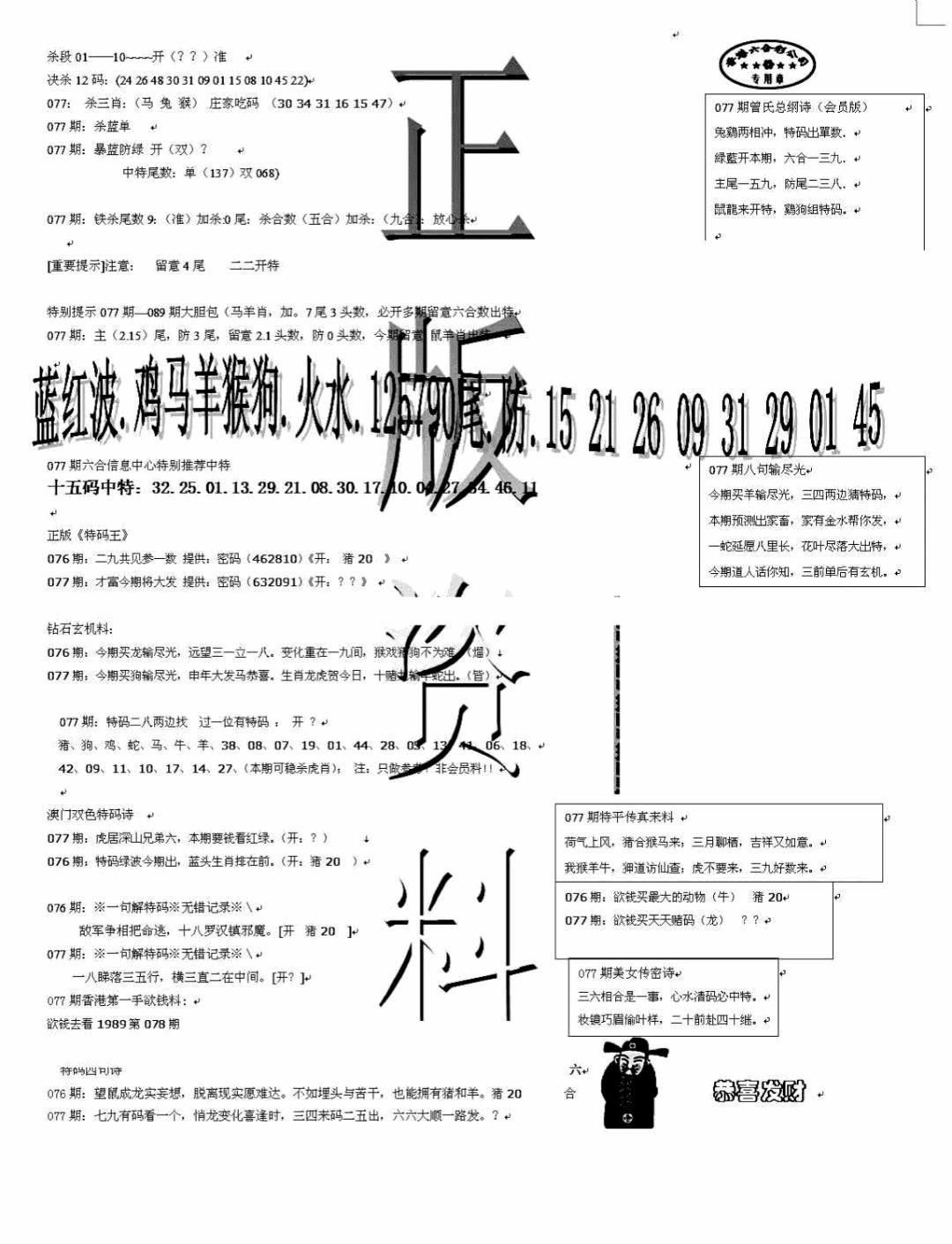 六合彩077期正版资料(黑白)