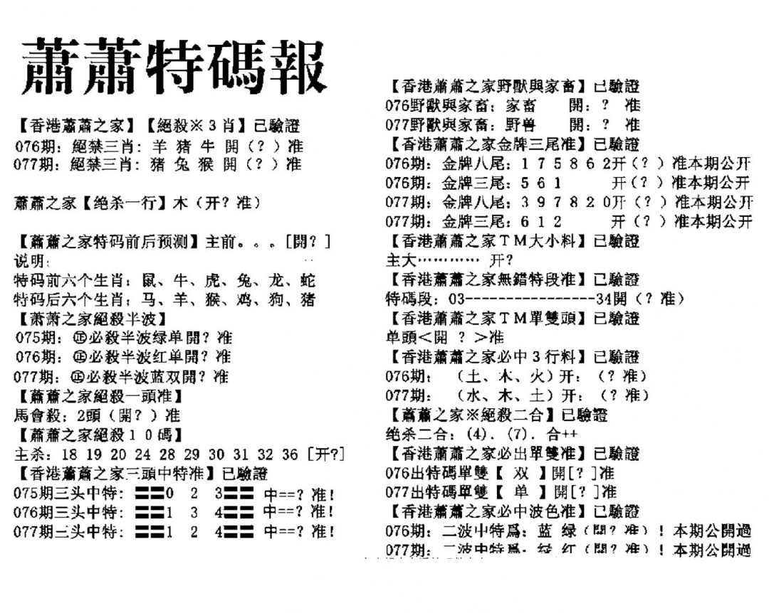 六合彩077期萧萧特码报(黑白)