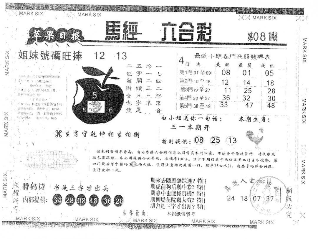 六合彩081期苹果日报A(黑白)