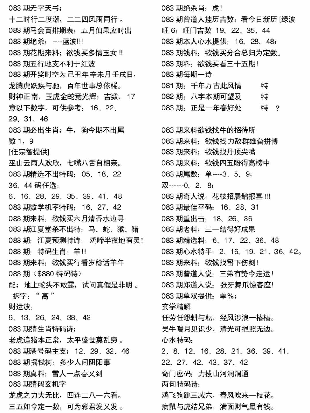 六合彩083期当日电脑综合资料A(黑白)