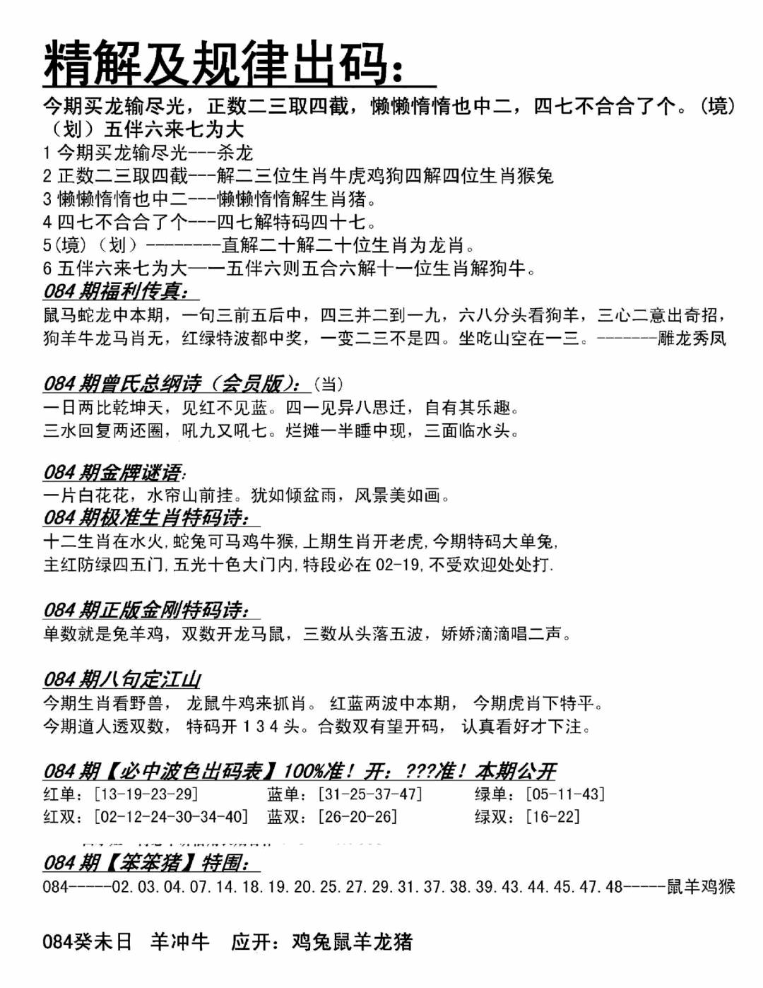 六合彩084期精解及规律出码图(黑白)