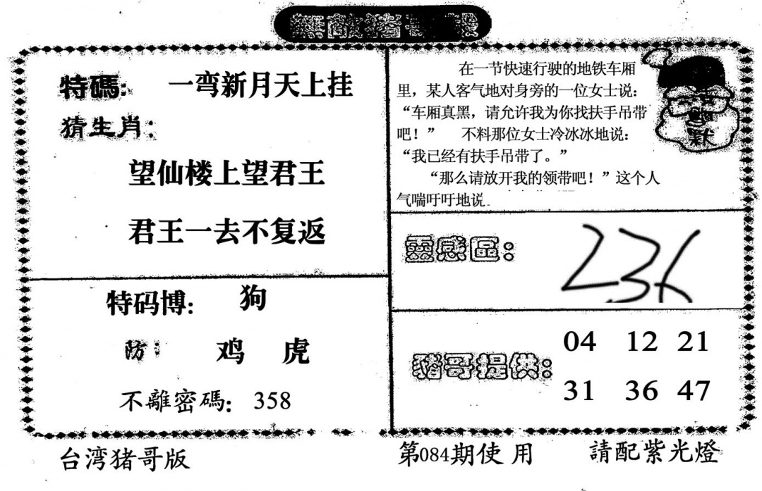 六合彩084期老版无敌猪哥(黑白)