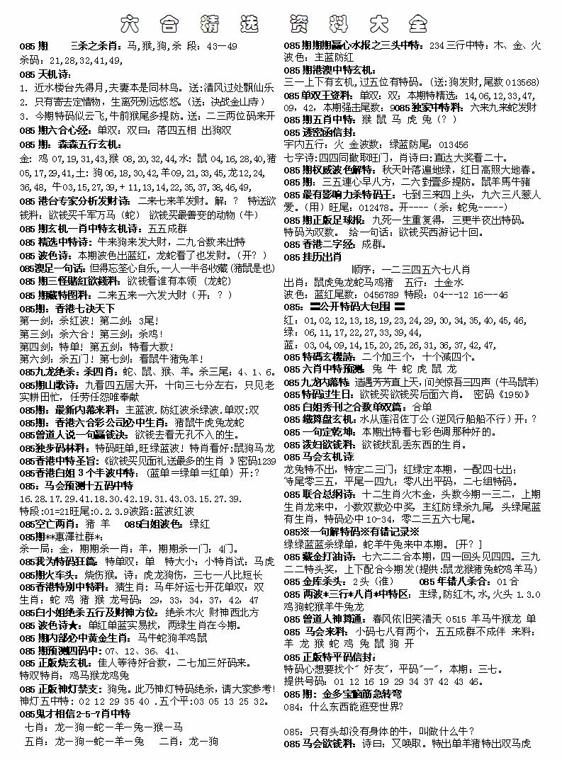 六合彩085期六合精选资料大全(黑白)
