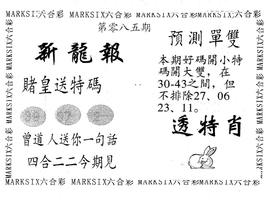 六合彩085期新龙报(黑白)