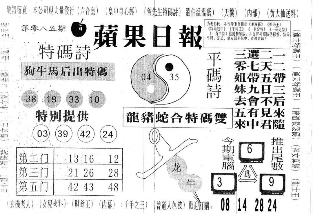 六合彩085期新苹果日报(黑白)