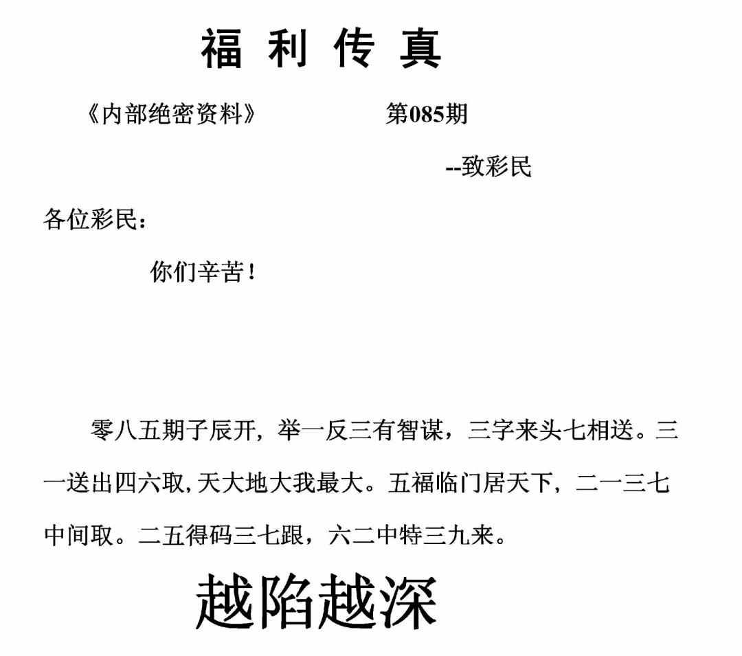六合彩085期福利传真(正版)(黑白)