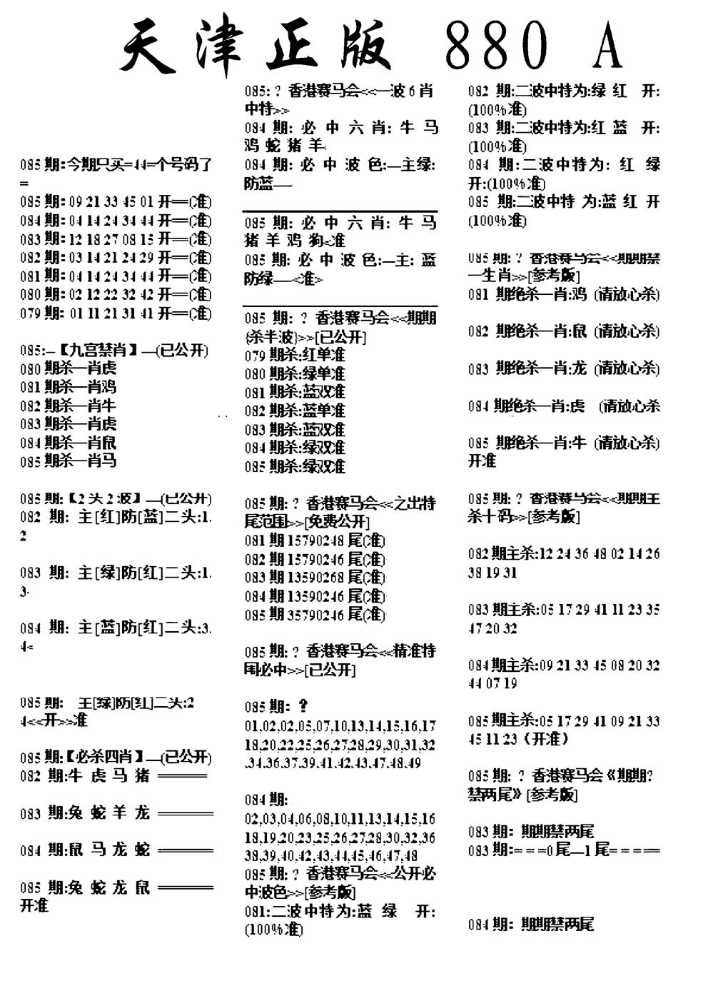 六合彩085期天津正版880A(黑白)