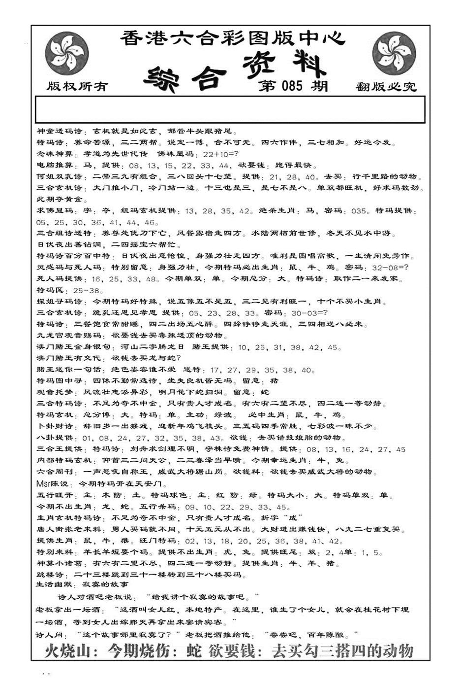 六合彩085期内部综合资料(特准)(黑白)