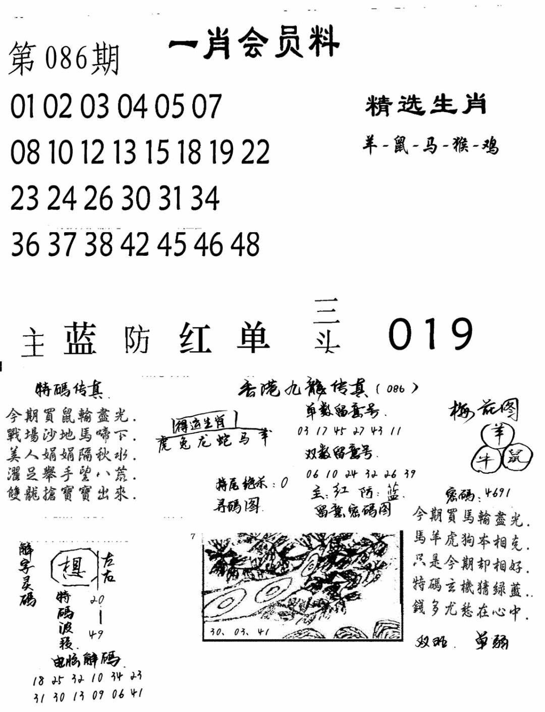 六合彩086期一肖会员料(黑白)