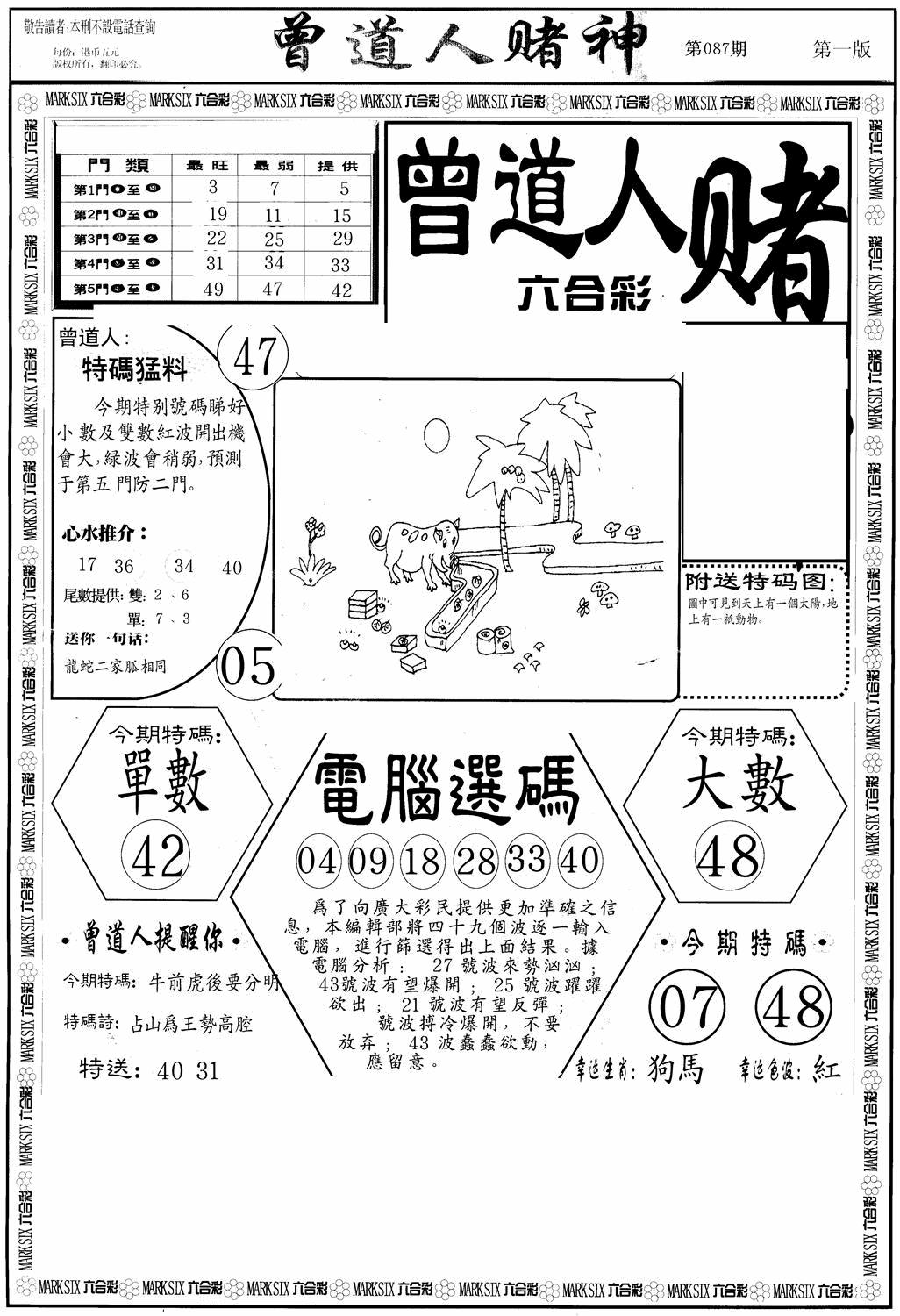 六合彩087期曾道人赌神A(黑白)