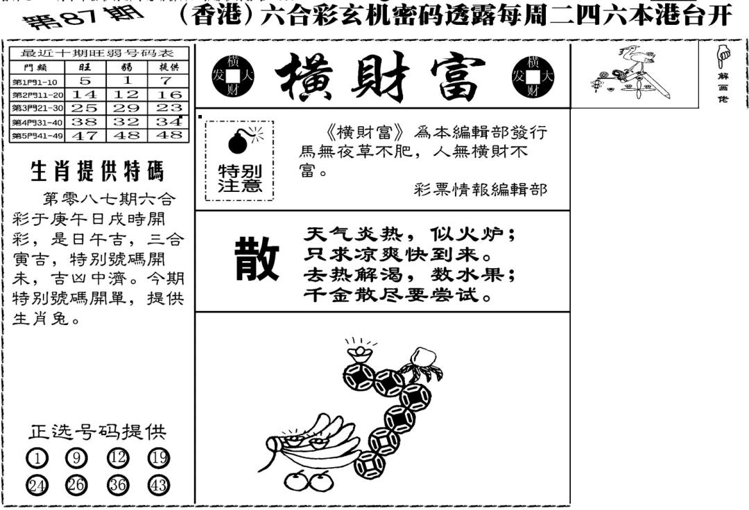 六合彩087期老版横财富(黑白)