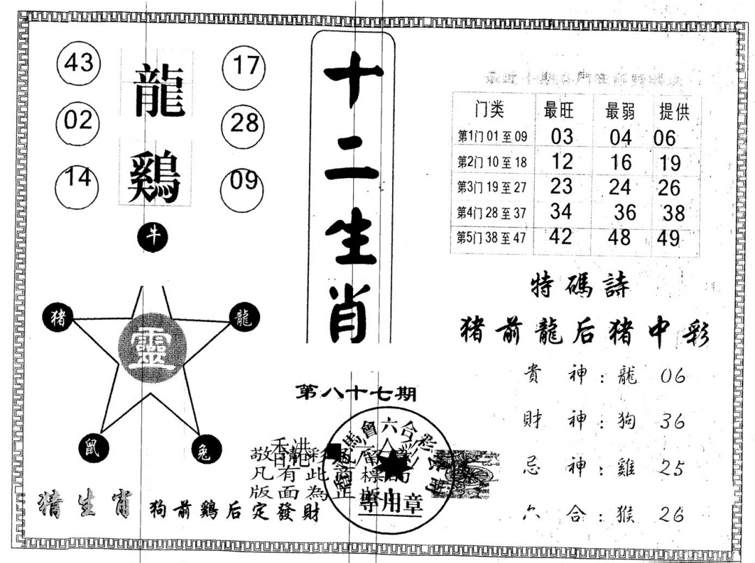六合彩087期另版十二生肖(黑白)