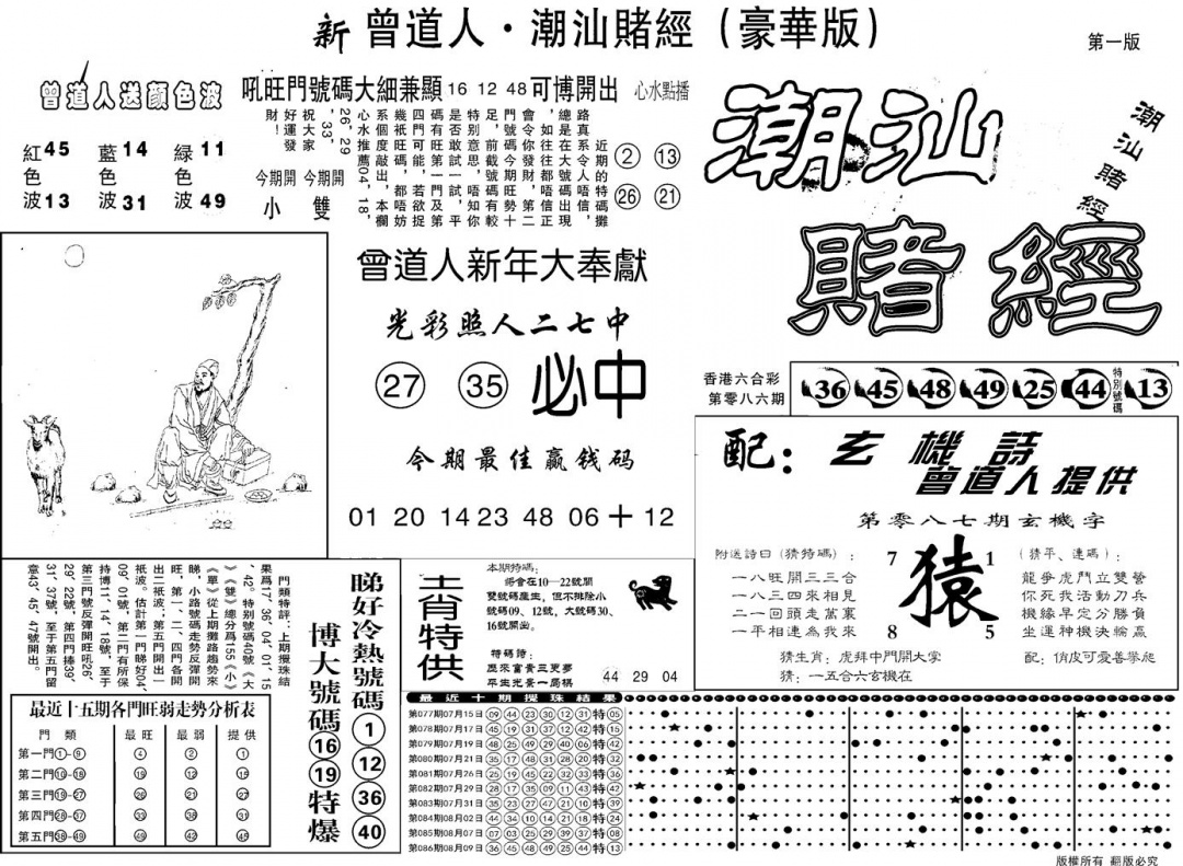 六合彩087期另潮汕赌经濠华版A(黑白)