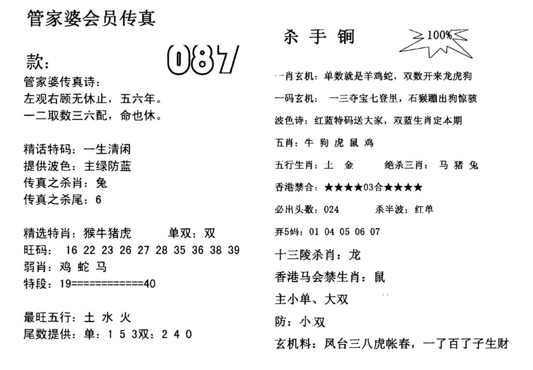 六合彩087期管家婆会员传真(黑白)