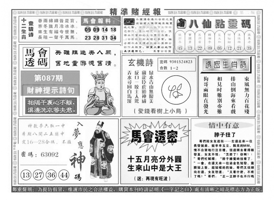 六合彩087期精准赌经报B（新图）(黑白)