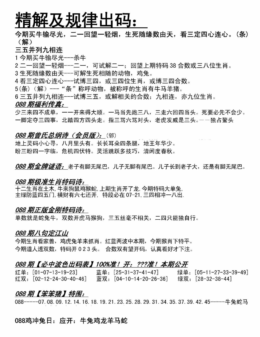 六合彩088期精解及规律出码图(黑白)