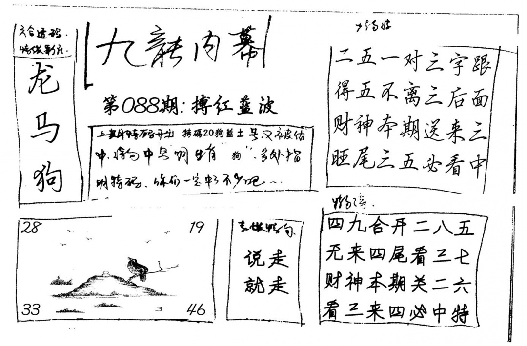 六合彩088期九龙内幕(新图)手写(黑白)
