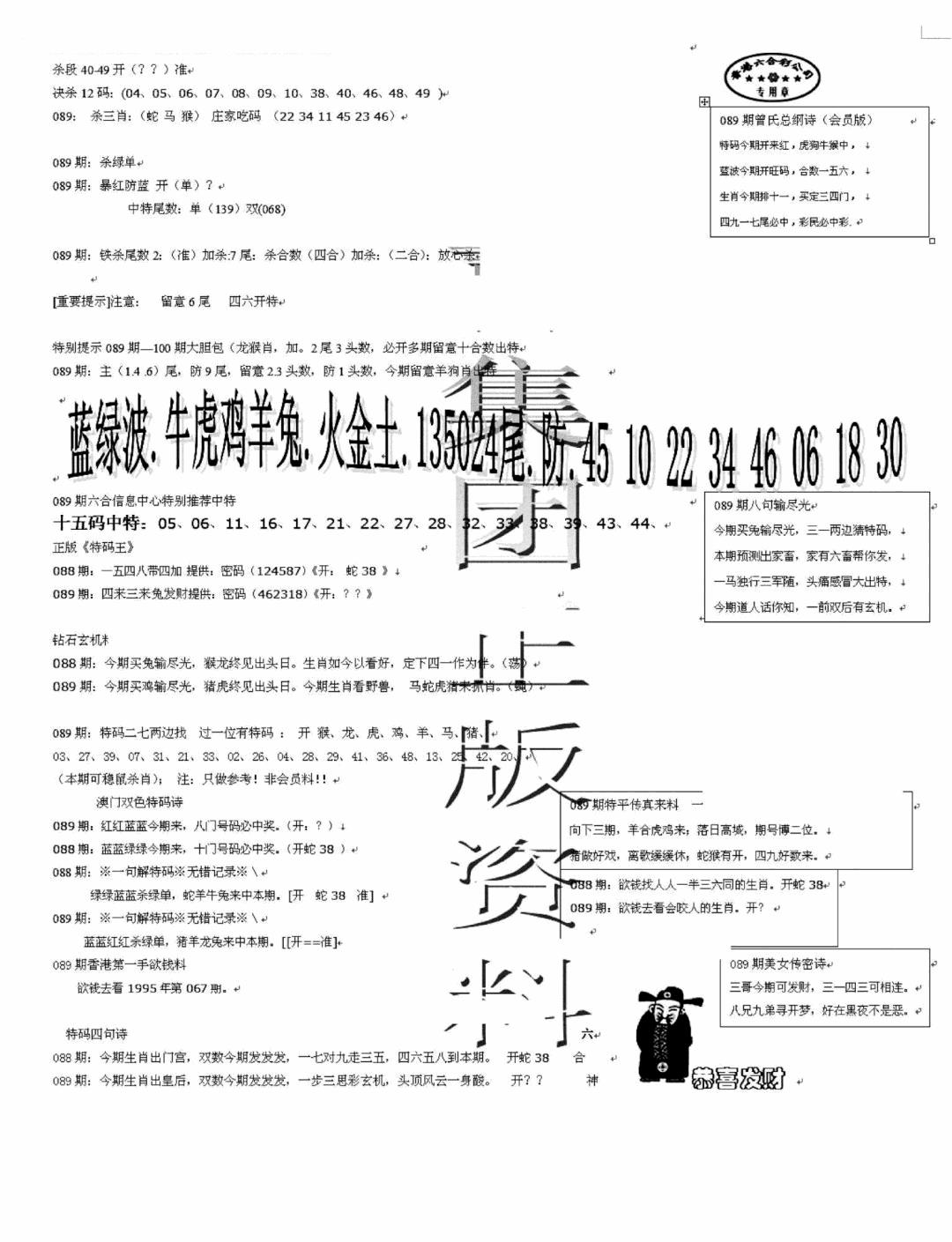 六合彩089期正版资料(黑白)
