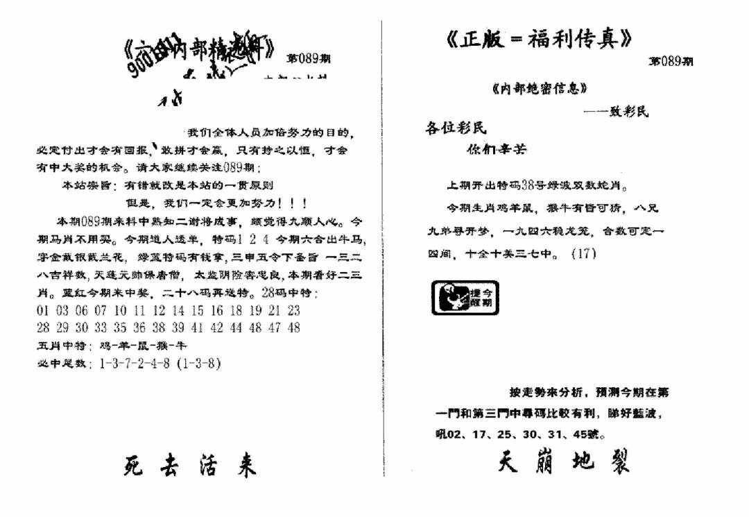 六合彩089期独家正版福利传真(新料)A(黑白)