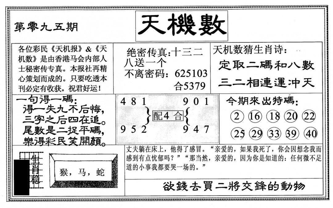 六合彩095期天机数(黑白)