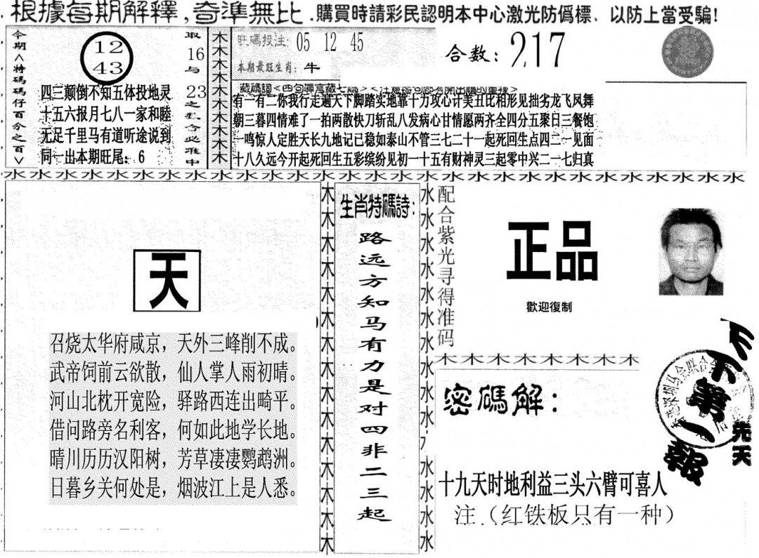 六合彩095期另版红铁板(黑白)