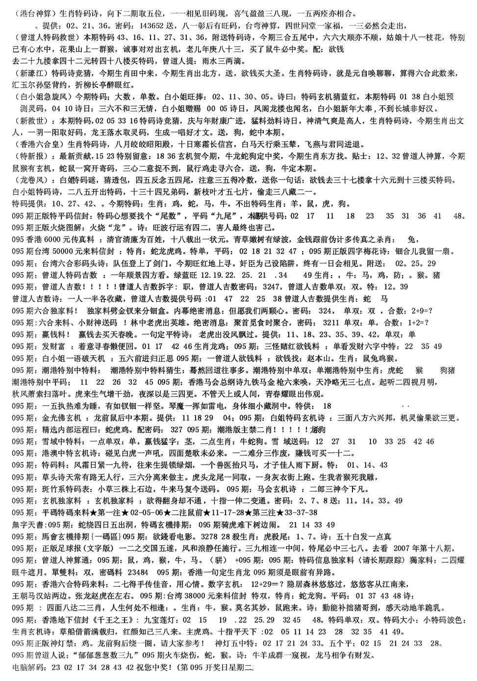 六合彩095期另版综合资料B(黑白)