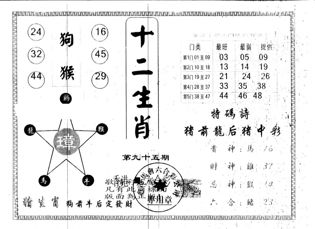 六合彩095期另版十二生肖(黑白)