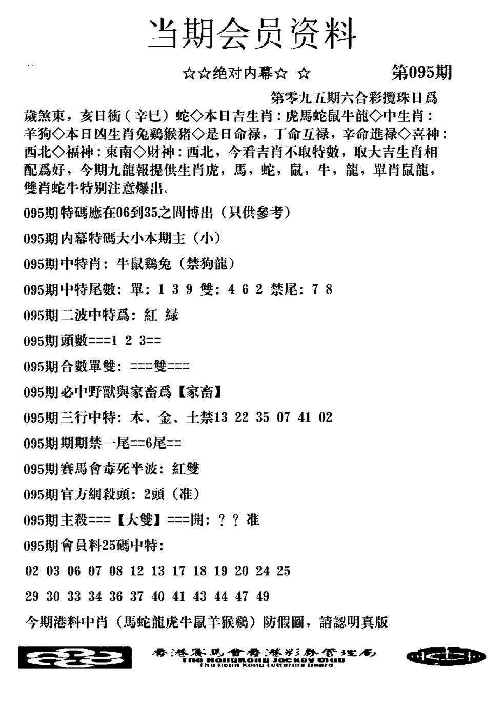 六合彩095期当期会员资料图(新料)(黑白)