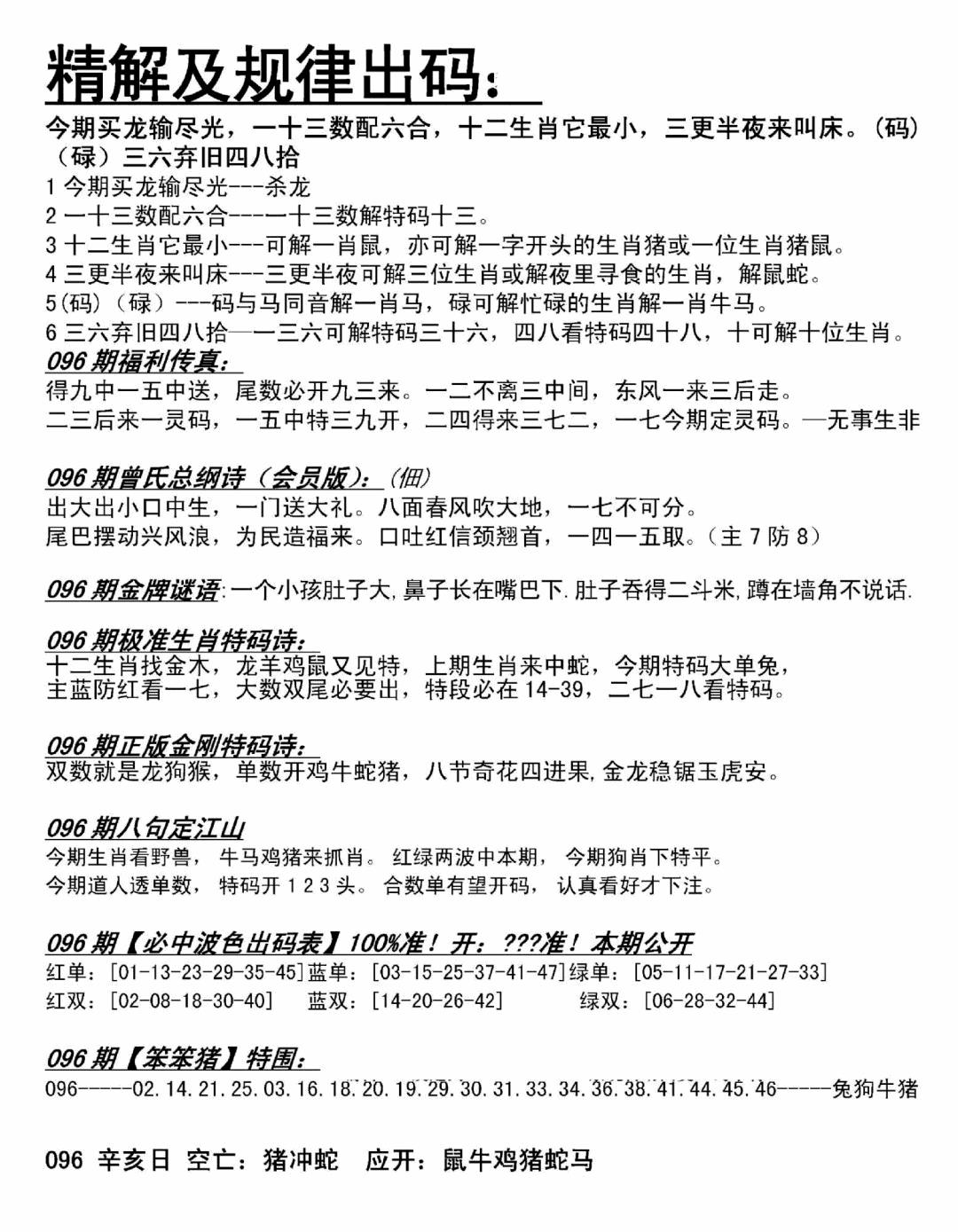 六合彩096期精解及规律出码图(黑白)