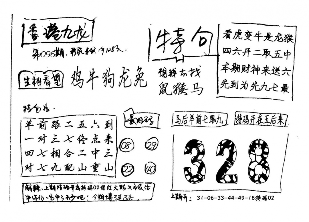 六合彩096期香港九龙(新图)手写(黑白)
