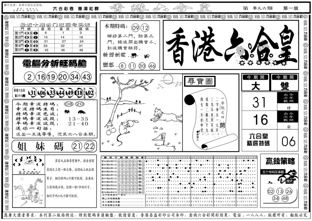 六合彩096期另版香港六合皇A(黑白)
