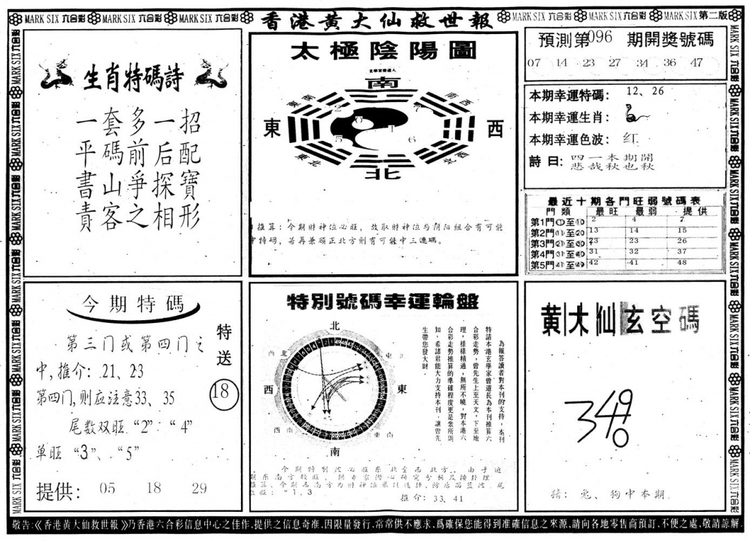 六合彩096期另版香港黄大仙B(黑白)