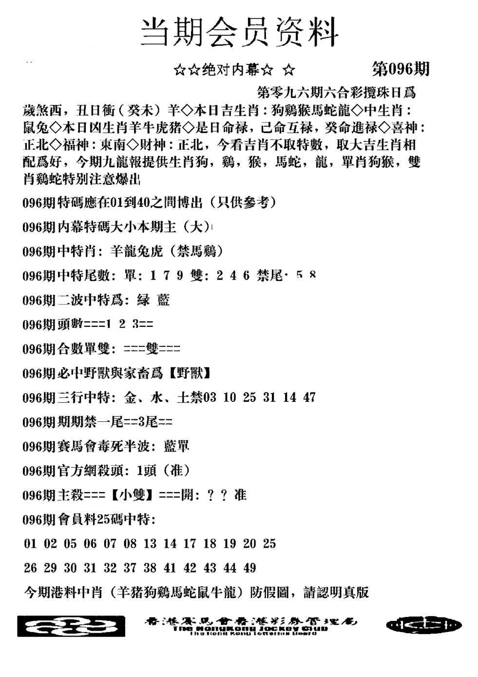 六合彩096期当期会员资料图(新料)(黑白)