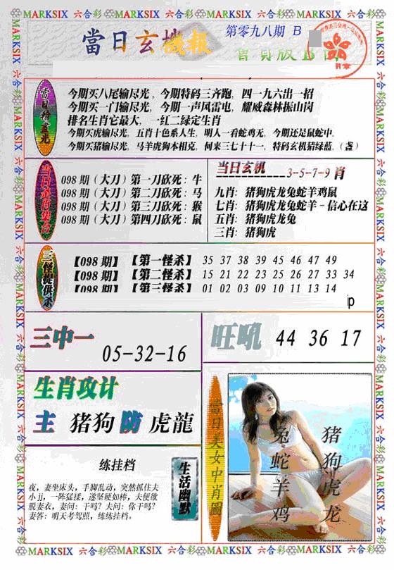 六合彩098期当日特码玄机B(新)(黑白)
