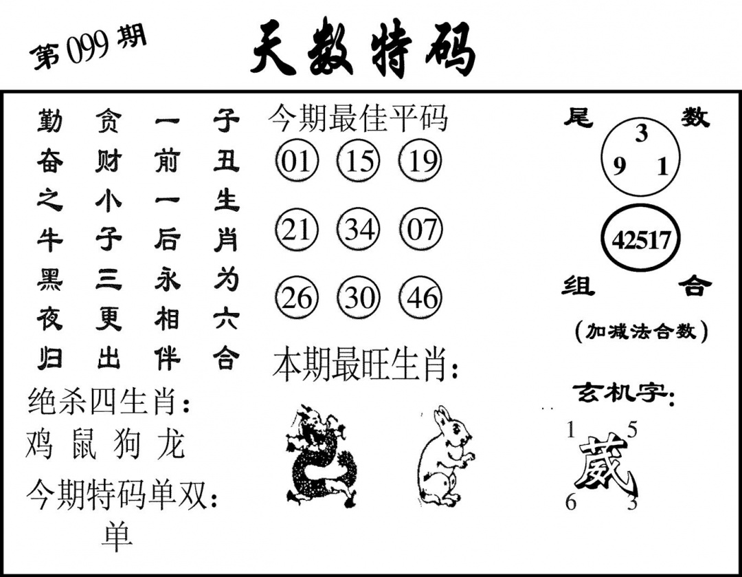 六合彩099期天数特码(黑白)
